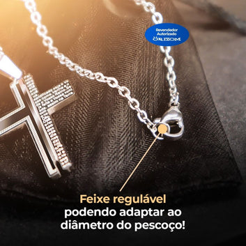 Cordão aço inox prata + pingente crucifixo pai nosso  original qualidade premium ajustavel