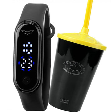 Infantil LED relogio digital prova dagua preto + copo batman presente preto esportivo data heroi