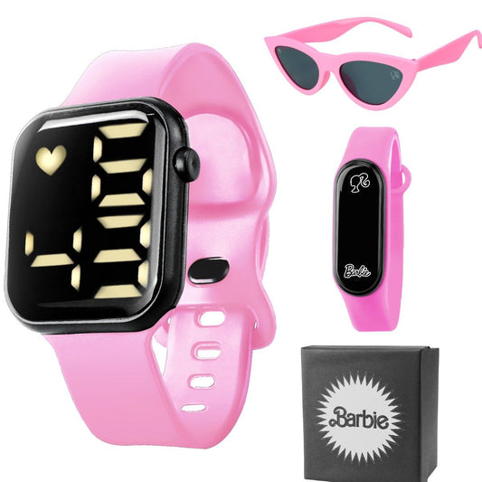 Relogio digital barbie prova dagua rosa + caixa + oculos sol original esportivo presente menina data