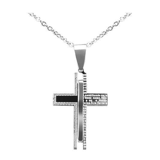 Cordão aço inox prata + pingente crucifixo pai nosso  original qualidade premium ajustavel