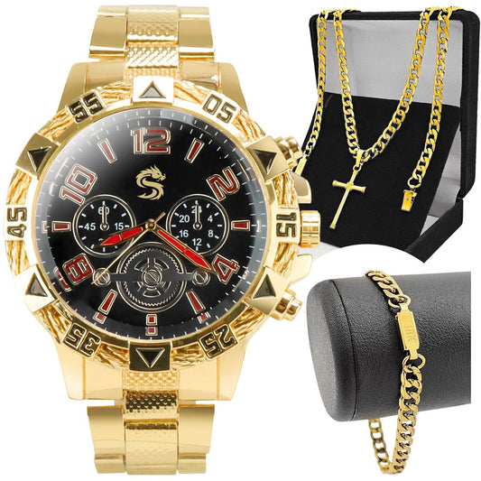 Relógio Masculino Dourado analogico Pulseira Grumet  Cordão Cruz casual