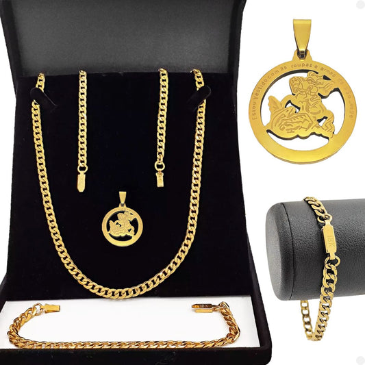 Corrente dourada aço inox São Jorge + Pulseira + Pingente masculina  religioso