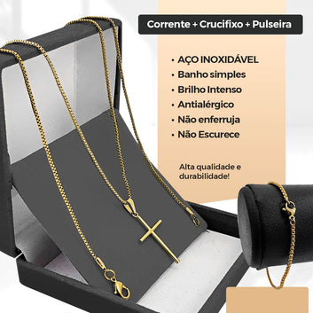 Corrente dourada aço inox + pulseira + pingente crucifixo social qualidade premium estiloso presente