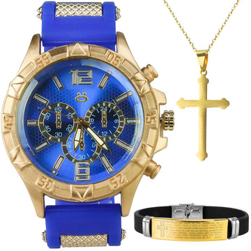 Relógio Masculino Banhado Aço + Pulseira + Colar Crucifixo silicone presente ajustavel religioso