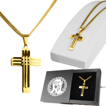 cordao masculino banhado + caixa + pingente crucifixo aço religioso estiloso qualidade premium cruz