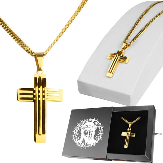 cordao masculino banhado + caixa + pingente crucifixo aço religioso estiloso qualidade premium cruz